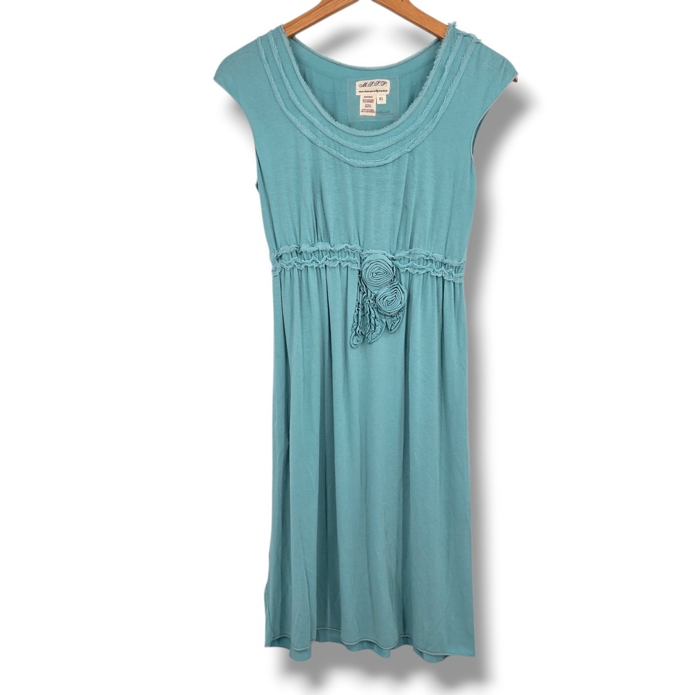MSSP Max Studio Teal Blue Rosette‎ Empire Waist Jersey Dress Size XS Y2K Vintage